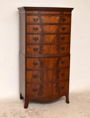 Large Antique Bow Fronted Flame Mahogany Chest on Chest