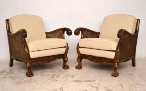 Pair of Antique Swedish Satin Birch Bergere Armchairs