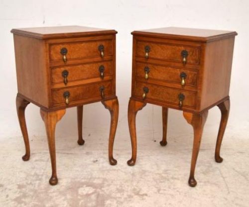 Pair of Antique Queen Anne Style Burr Walnut Bedside or Side Tables