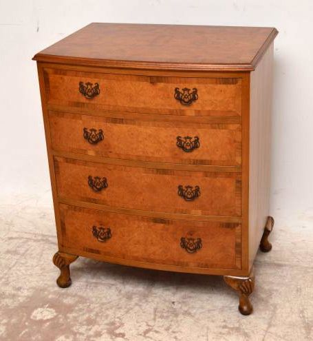 Antique Bow Fronted Burr Maple & Walnut Chest of Drawers