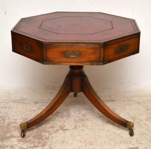 Antique Octagonal Mahogany Leather Top Campaign Style Drum Table