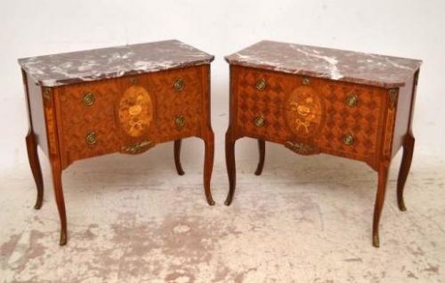 Pair of Antique Swedish Parquetry & Marquetry Marble Top Commodes