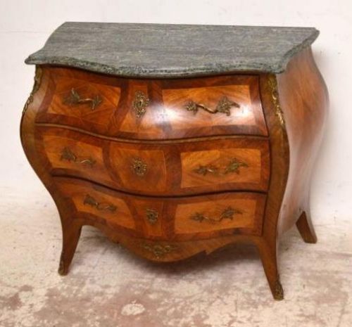 Antique Swedish Inlaid Marble Top Bombe Commode Chest