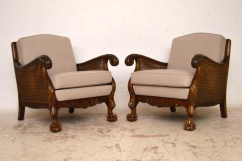 Pair of Antique Swedish Satin Birch Bergere Armchairs