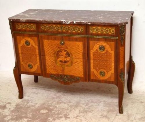 Antique Swedish Marble Top Commode with Marquetry, Parquetry, Gilt Bronze