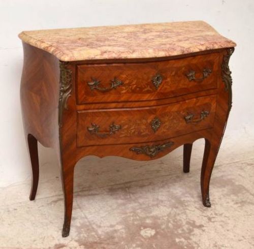 Antique French Marble Top Bombe Commode Chest with Marquetry & Ormolu
