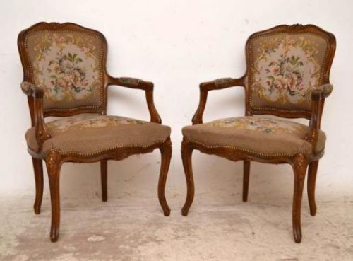 Pair of Antique French Needlepoint Salon Armchairs