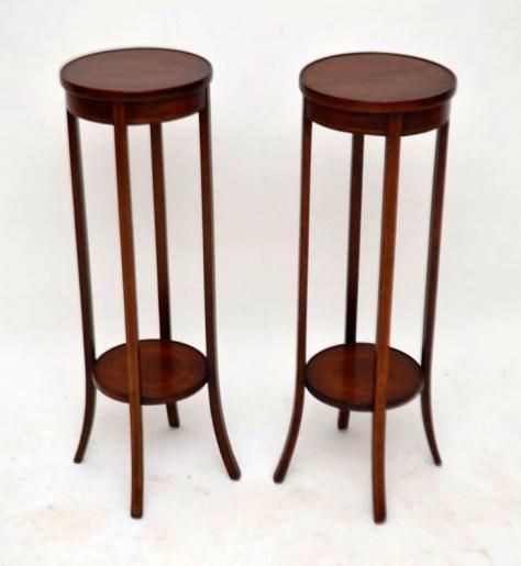 Pair of Antique Edwardian Inlaid Mahogany Torchere Stands