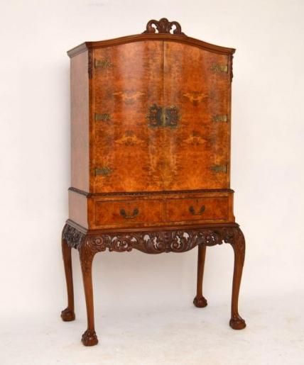 Antique Queen Anne Style Burr Walnut Cocktail Cabinet