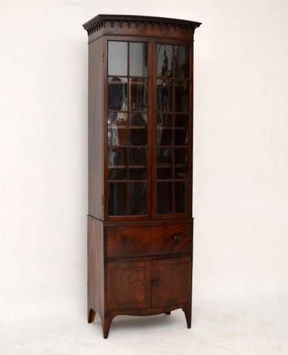 Antique Georgian Mahogany Slim Bow Fronted Bookcase