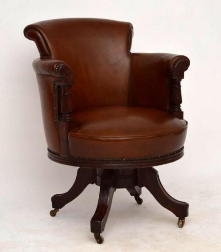 Antique Victorian Leather & Carved Mahogany Desk Armchair