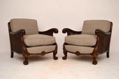 Pair of Antique Swedish Satin Birch Bergere Armchairs