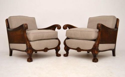 Pair of Antique Swedish Satin Birch Bergere Armchairs