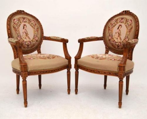 Pair of Antique French Carved Walnut Needlepoint Salon Armchairs