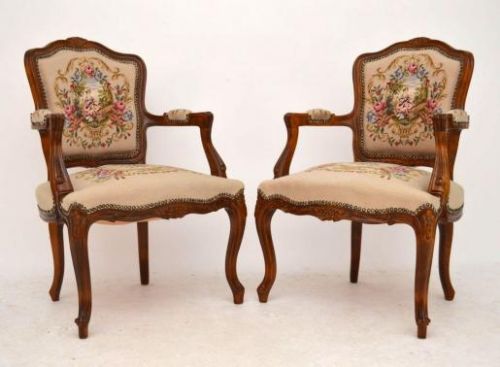 Pair of Antique French Carved Needlepoint Salon Armchairs