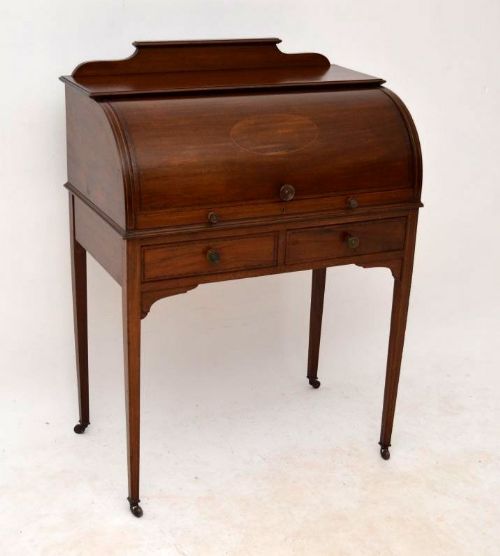 Antique Inlaid Mahogany Edwardian Cylinder Top Desk