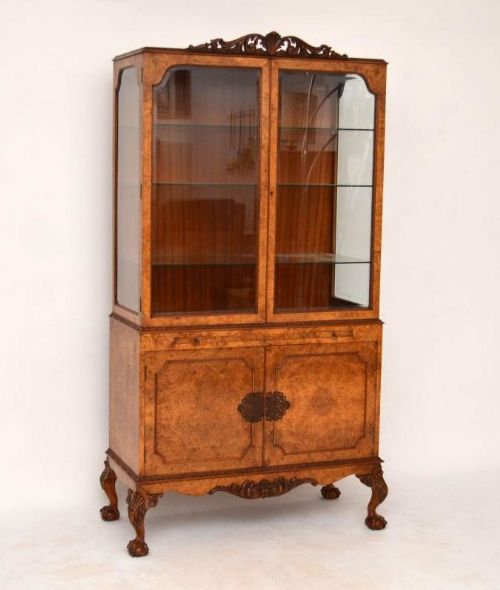 Antique Queen Anne Style Burr Walnut Display Cabinet
