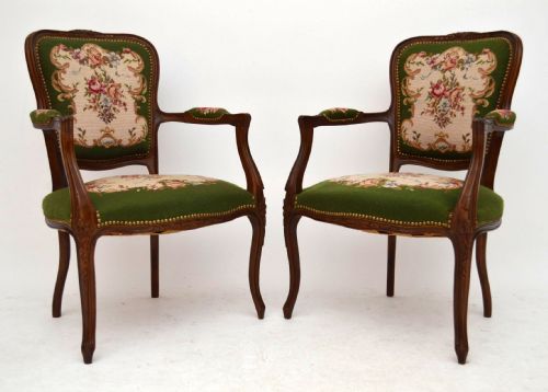 Pair of Antique French Carved Needlepoint Salon Armchairs