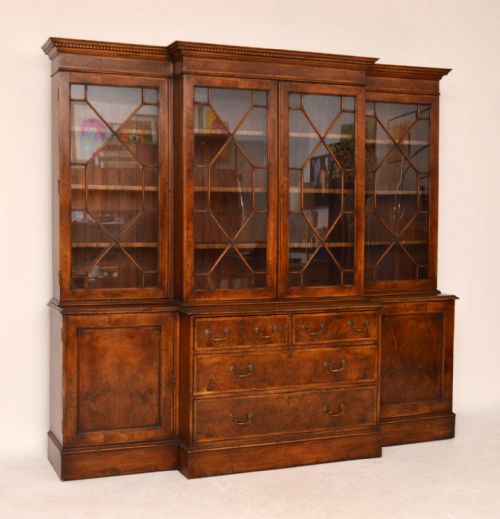 Large Impressive Antique Burr Walnut Breakfront Bookcase