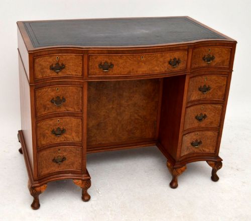 Antique Burr Walnut Leather Top Kneehole Desk - Shaped Front