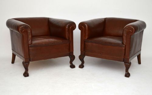 Large Pair of Swedish Antique Leather Armchairs