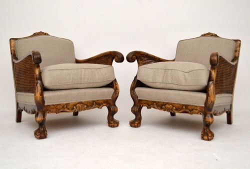 Pair of Antique Swedish Satin Birch Bergere Armchairs