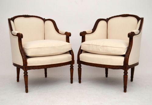 Pair of Antique French Carved Walnut Armchairs