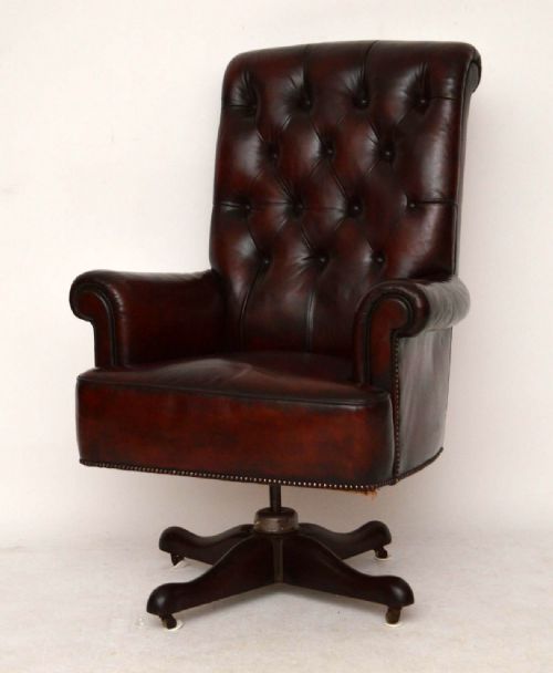 Large Antique Leather Swivel Desk Armchair