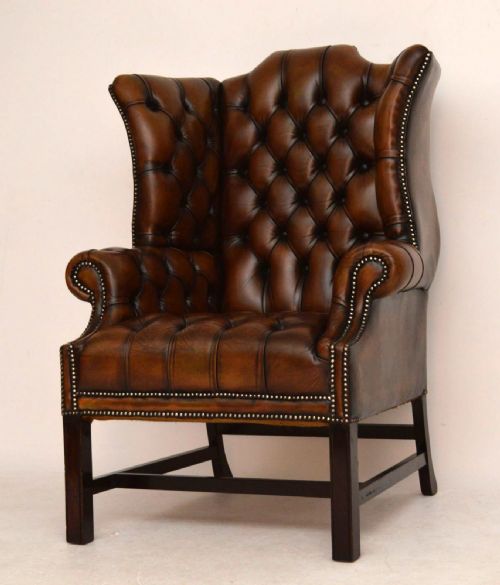 Antique Deep Buttoned Leather Wing Back Armchair