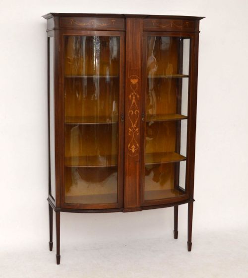 Antique Edwardian Inlaid Mahogany Bow Fronted Display Cabinet