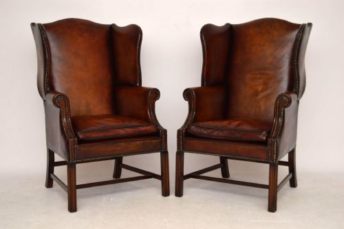 Pair of Antique Georgian Style Leather Wing Back Armchairs