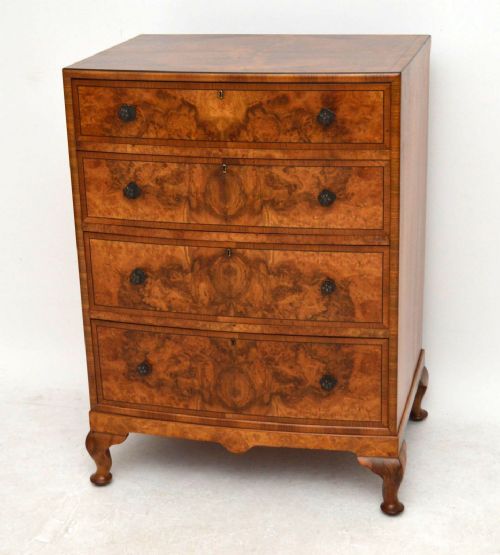 Antique Burr Walnut Bow Fronted Chest of Drawers