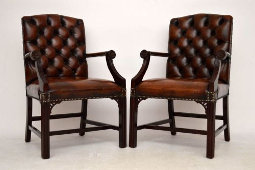 Pair of Antique Leather & Mahogany Gainsborough Armchairs