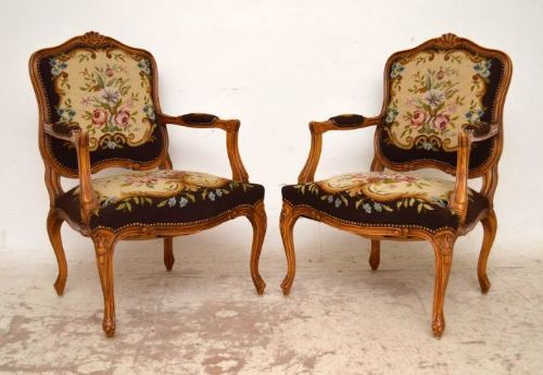 Pair of Antique French Carved Needlepoint Salon Armchairs