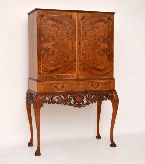 Antique Queen Anne Style Burr Walnut Cocktail Cabinet