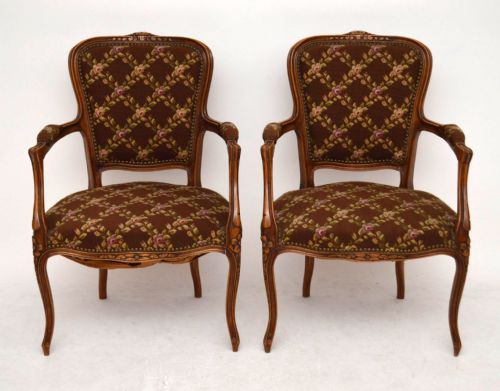 Pair of Antique French Walnut & Needlepoint Salon Armchairs