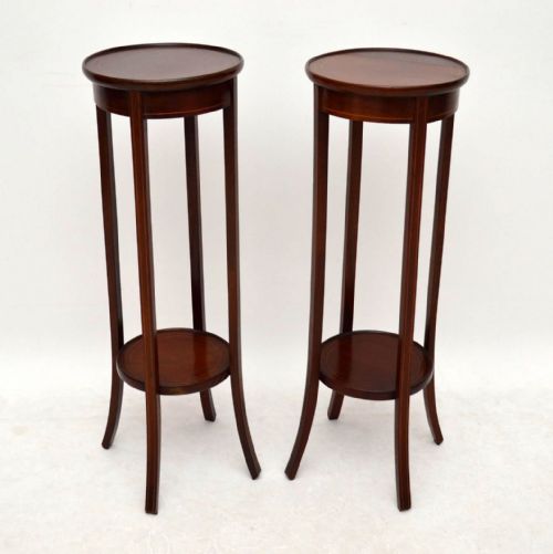 Pair of Antique Edwardian Inlaid Mahogany Torcheres or Plant Stands