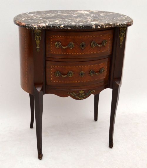 Antique French Marble Top Inlaid Walnut Side Table