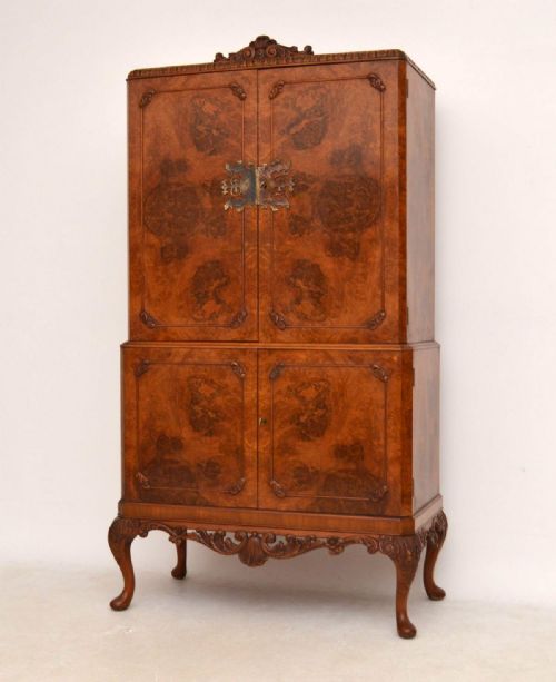 Antique Queen Anne Style Burr Walnut Cocktail Cabinet