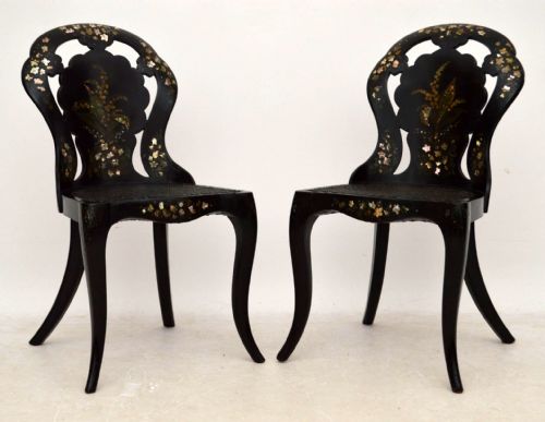 Pair of Antique Victorian Inlaid Mother of Pearl Papier Mache Chairs