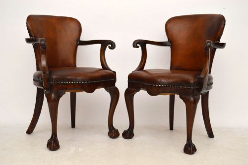 Pair of Antique Leather & Walnut Eagle Head Armchairs