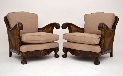 Pair of Antique Swedish Satin Birch Bergere Armchairs