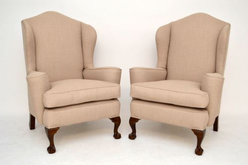 Pair of Antique Upholstered Wing Back Armchairs
