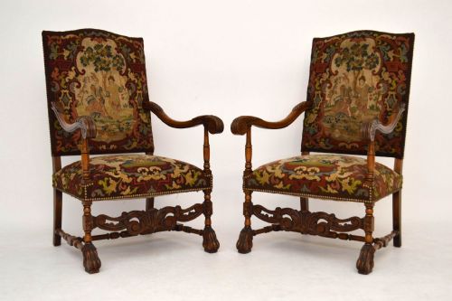 Pair of Antique Carved Walnut Tapestry Armchairs