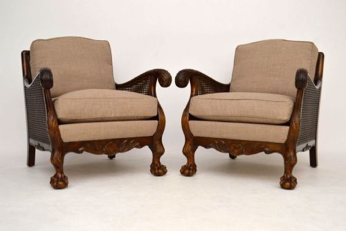 Pair of Antique Swedish Satin Birch Bergere Armchairs