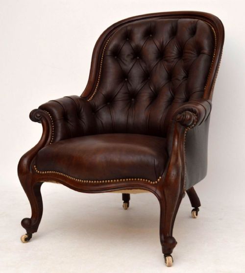 Antique Victorian Mahogany & Leather Spoon Back Armchair