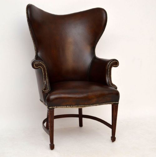Very Stylish Antique Leather & Mahogany Wing Armchair