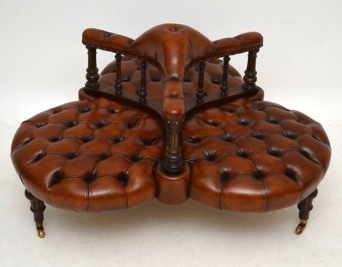 Antique Victorian Leather & Walnut Conversation Sofa