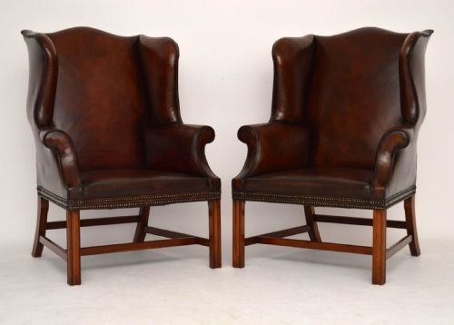 Pair of Antique Leather & Mahogany Wing Back Armchairs