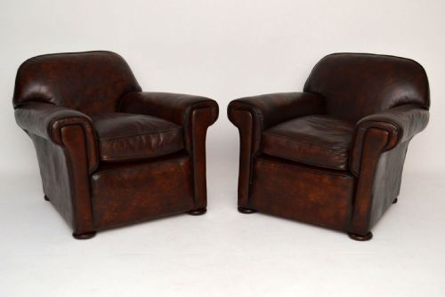 Large Pair of Antique English Leather Club Armchairs